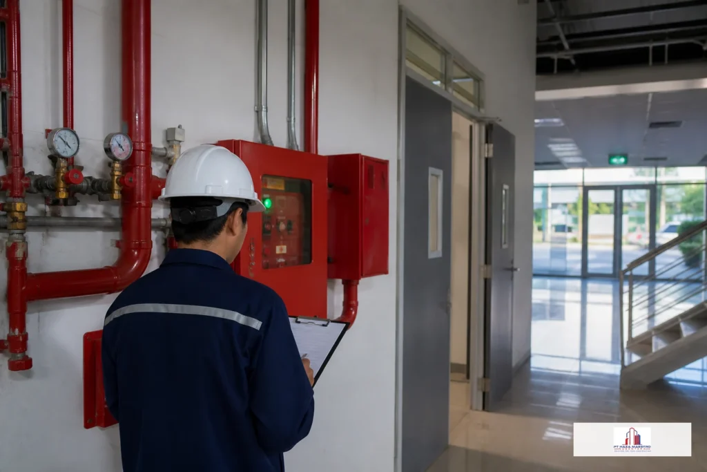 Foto dokumentasi pemeriksaan panel dan pipa proteksi kebakaran di gedung.