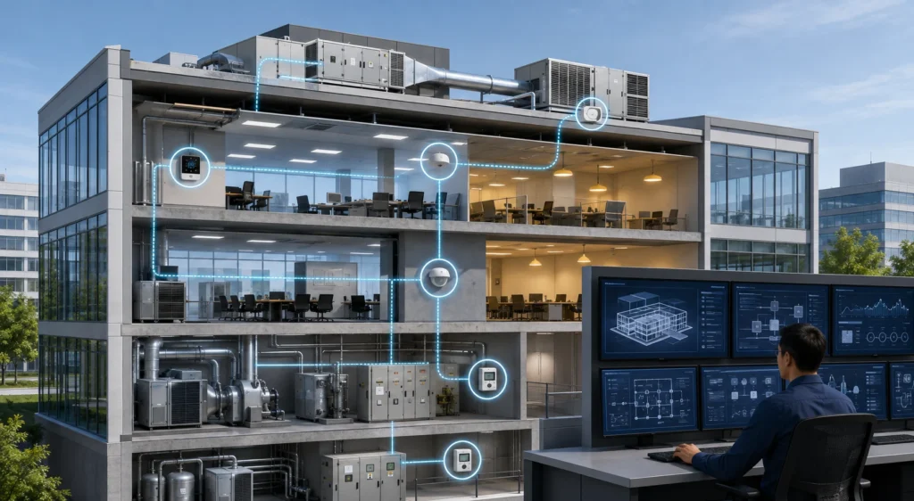 Ilustrasi gedung komersial dengan sensor, sistem HVAC, pencahayaan, meter energi, jaringan BAS, dan operator dashboard.