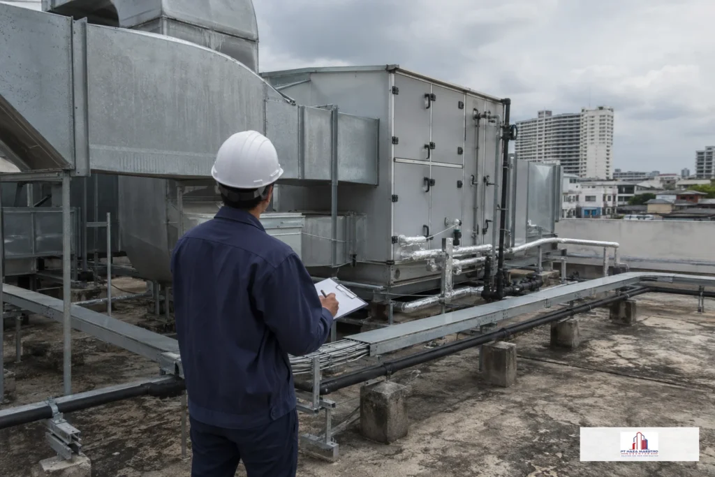 Foto dokumentasi inspeksi unit pengolah udara dan ductwork di rooftop gedung.